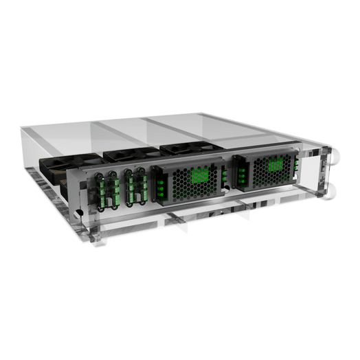 CAD render of a rack-mounted fan unit with electronics